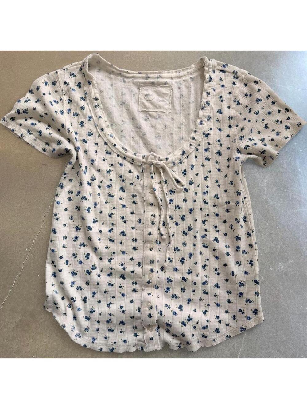Aerie Floral Pointelle Henley Top White Blue Ditsy Print Size L
